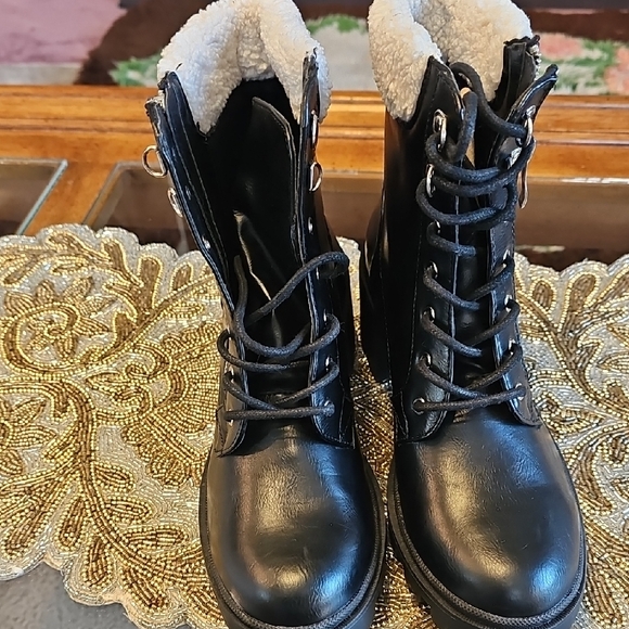 JustFab Black Faux Fur Lined Combat Boots - Picture 4 of 9